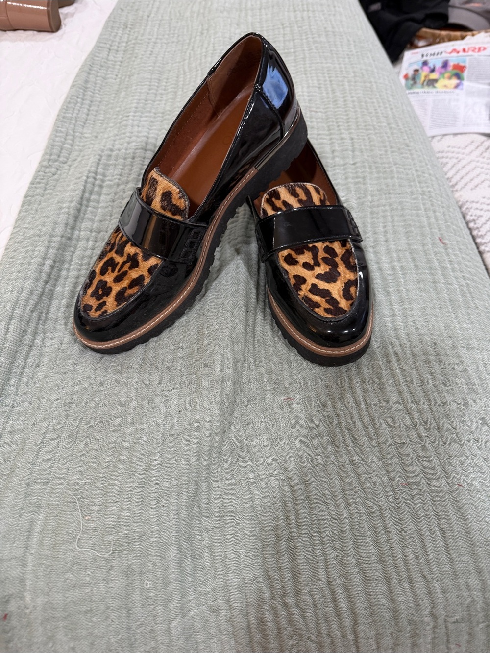 Franco Sarto Black Patent and Leopard Print Women's Penny Loafers 6.5